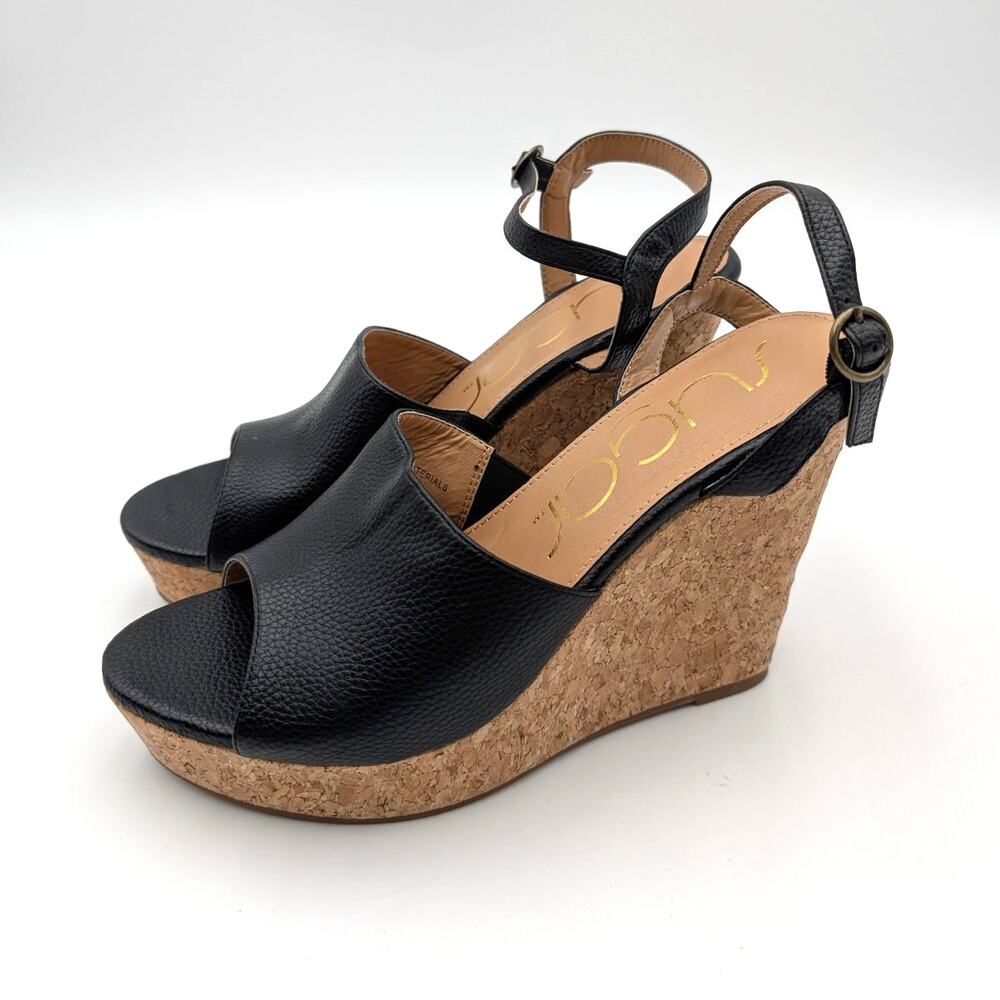 Sugar Platform Wedge Heel Ankle Strap Sandals Women's Black Size US8M EU38.5